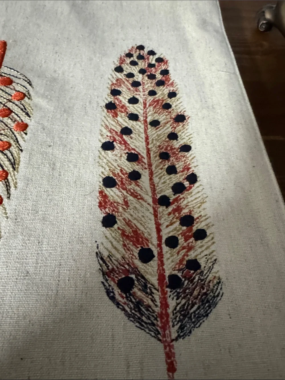 Embroidered Feather Placemats - Cream with Orange & Navy